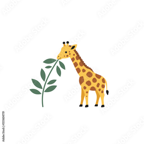 Cute Cartoon Giraffe Eating Leaves in Profile View.