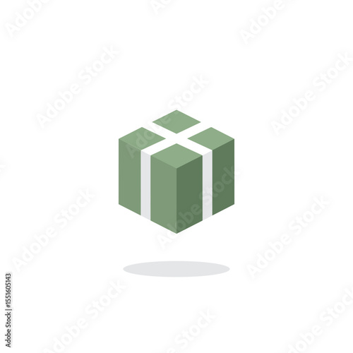 Isometric Gift Box with Green and White Design and Shadow.