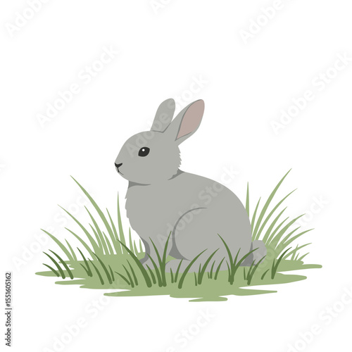 Serene Gray Rabbit Sitting Amidst Green Grass Blades Isolated Vector Illustration.