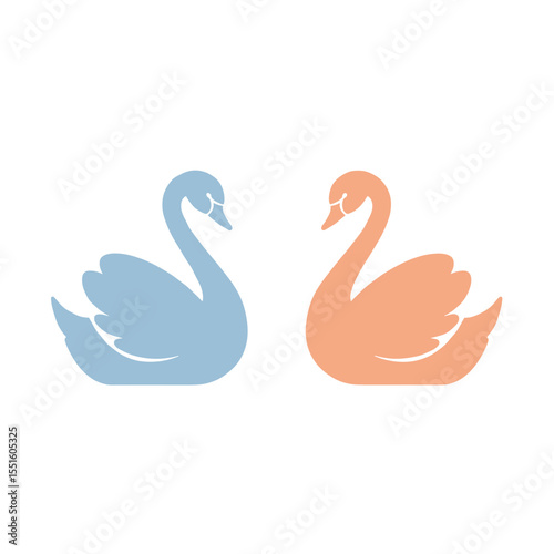 Two stylized swans one in pastel blue and one in peach facing each other.