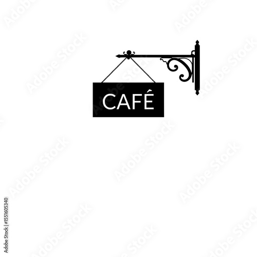 Vintage café sign hanging on ornate bracket against white background  