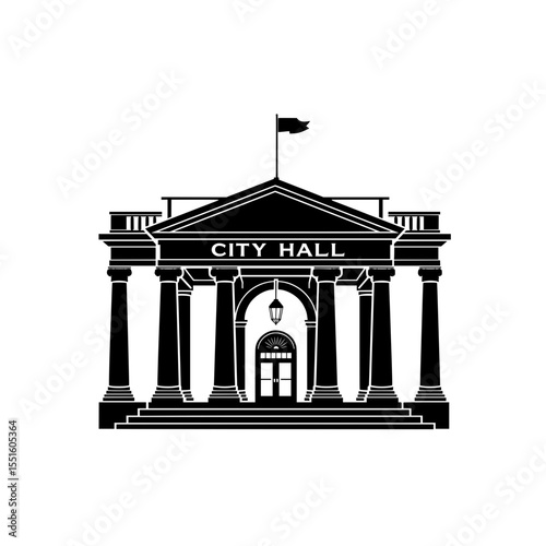 City hall building illustration with columns and flag on top  