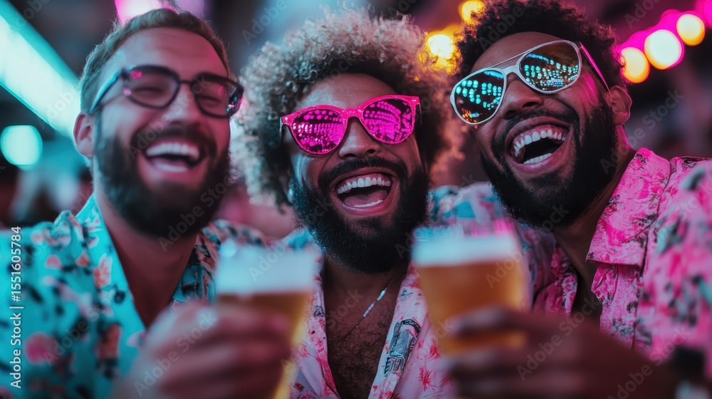Obraz premium Three friends revel in a lively party environment, each adorned with colorful sunglasses and tropical shirts, highlighting their carefree spirit and enjoyment of the moment.