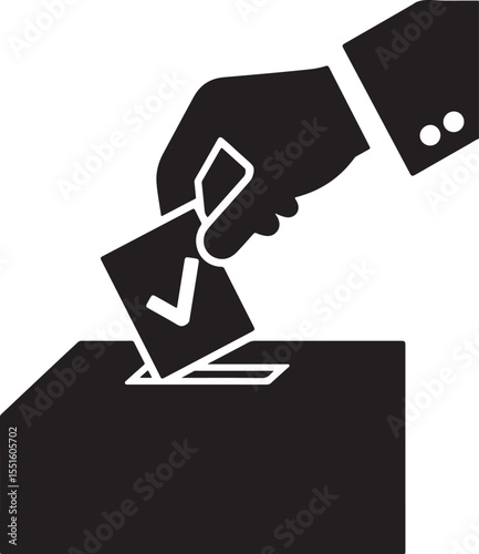 Hand in suit dropping ballot with checkmark into ballot box silhouette