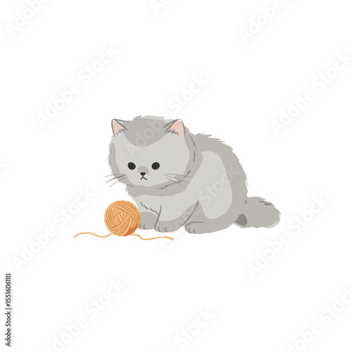 Fluffy Grey Kitten Observing Orange Yarn Ball.