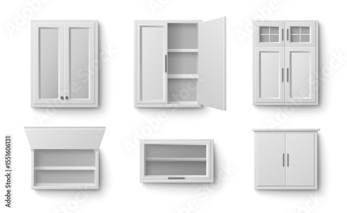 White kitchen cabinet collection in various storage styles. Different wall mounted units with glass doors, open shelving, closed panel fronts and upper furniture pieces for modern home organization.