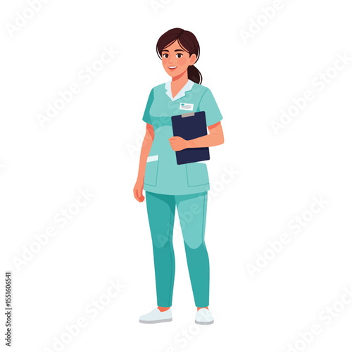 Professional Healthcare Worker: A medical professional, showcasing confidence, stands poised, holding a clipboard in a clean and brightly lit setting.
