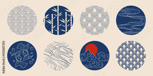 Japanese tradition circle patterns in navy blue on beige bg - wave motifs, bamboo stalks, koi fish, sunset over clouds and geometric seigaiha scales designs. Asian oriental decorative elements.