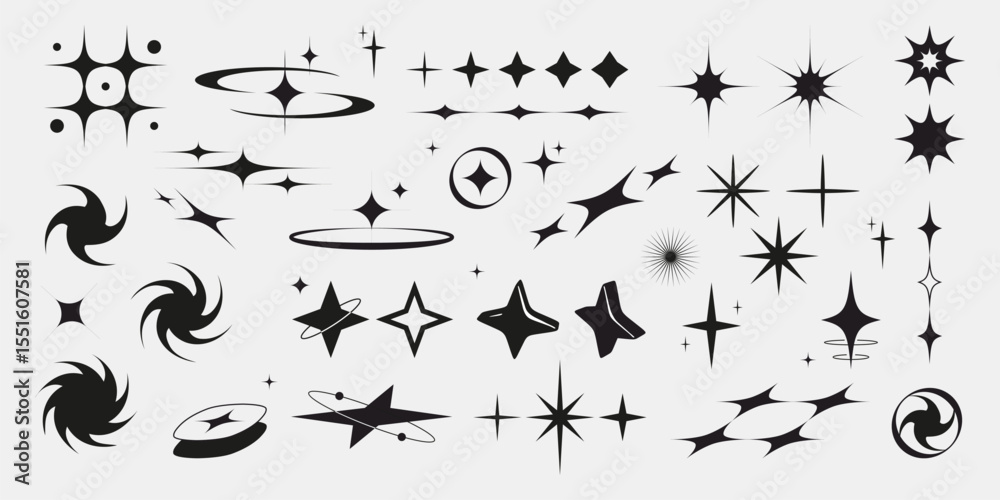 Naklejka premium Black star shapes collection with sparkle and bling effects - various geometric stars and bursts, swirls and spark design elements. Modern decorative graphics set for badges, retro space themes.