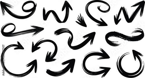 Hand-Drawn Arrow Brush Set, Curved Sketch Direction Icons Collection.