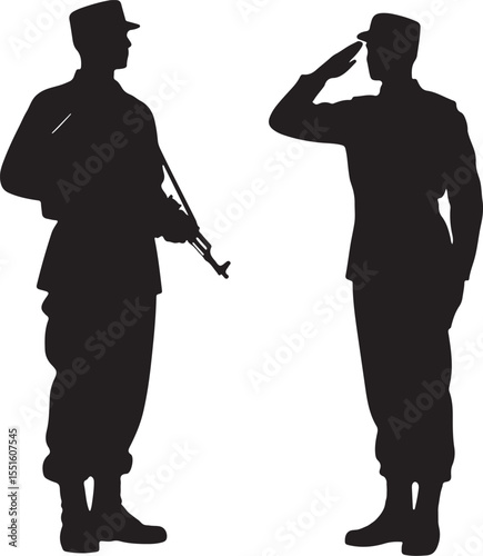 Two soldiers in uniform with one holding a rifle and the other saluting silhouette