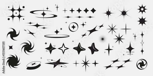 Black star shapes collection with sparkle and bling effects - various geometric stars and bursts, swirls and spark design elements. Modern decorative graphics set for badges, retro space themes.