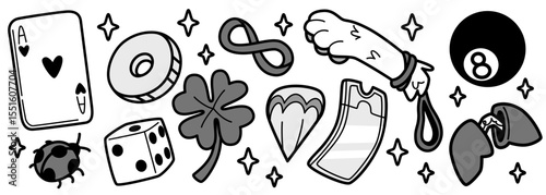 Playful lucky charm doodle collection with ace card, coin and dice, clover and ticket, infinity symbol, eight ball and rabbit foot on white bg. Whimsical fortune icons for good luck wishes design.