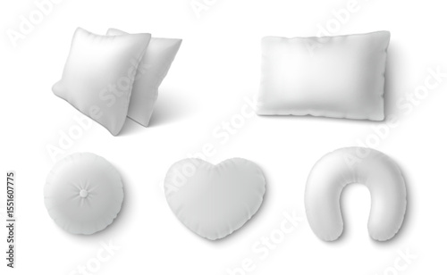 White pillow and cushion 3d set with soft bedroom essentials - square pillows, round decorative cushion, neck support travel bolster. Clean realistic bedding mockups for comfortable sleep, home decor.