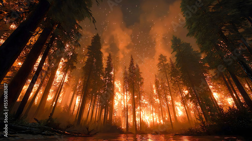Forest wildfire, massive flames burning tall coniferous trees, orange glow, smoke embers, sparks, apocalyptic natural disaster environmental destruction.