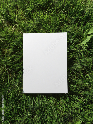 Blank white paper sheet mockup on green grass, natural outdoor background template for stationery design presentation, eco friendly concept.