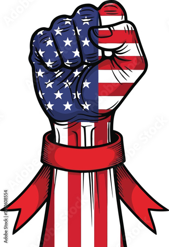 United states flag design on a clenched fist with red ribbon graphic