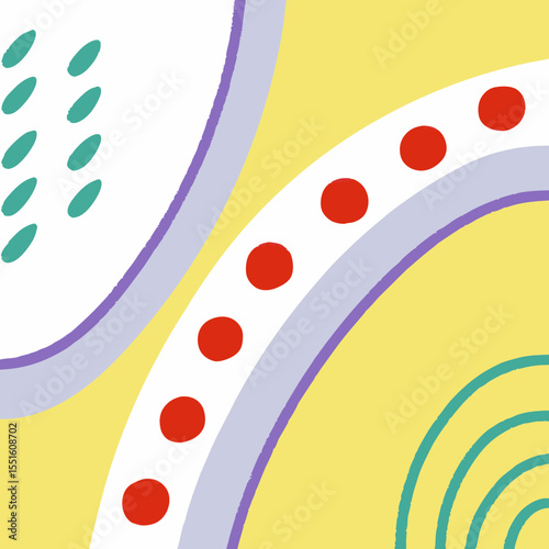 A vibrant abstract design featuring red dots, green shapes, and curved lines on a cheerful yellow background.