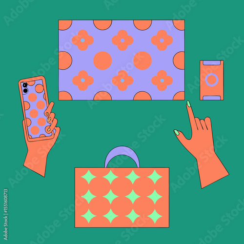 Vibrant, artistic flat lay of colorful accessories featuring floral designs on a vivid green background.