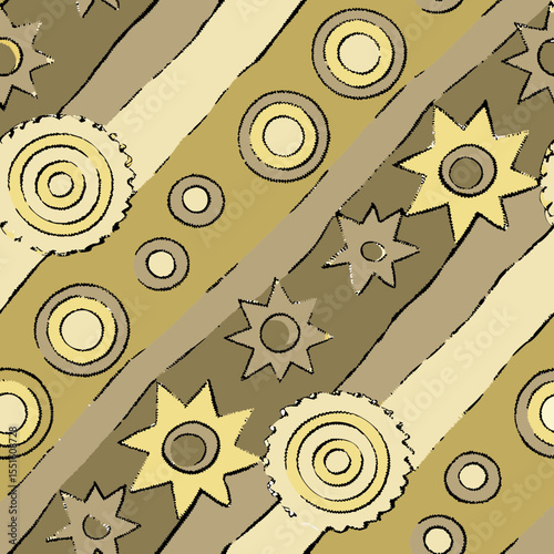 A vibrant abstract pattern featuring swirling circles and star shapes in earthy tones.
