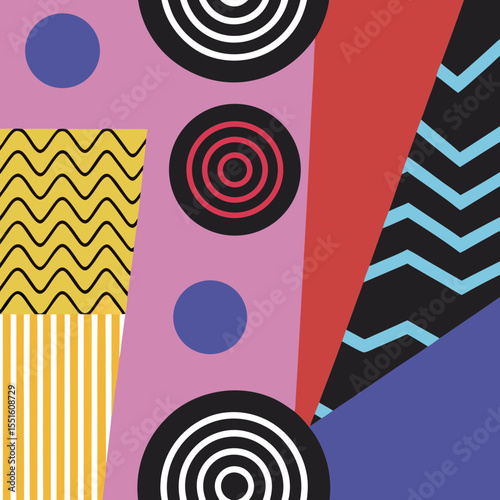 Vibrant abstract geometric composition featuring circles, stripes, and waves in bold colors.