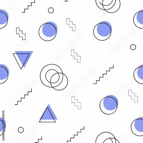 A contemporary geometric pattern featuring blue and black shapes on a white background, creating a modern and playful ambiance.