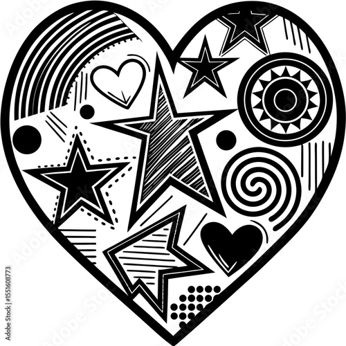 A vibrant heart filled with playful patterns and shapes, featuring stars, swirls, and circles in black and white.