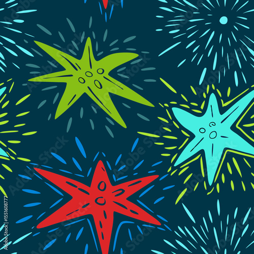 Colorful starburst patterns in vibrant hues of red, green, and blue against a dark background.
