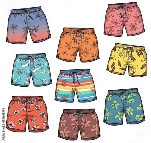 Summer Swim Trunks Illustration Set  Colorful Beach Shorts Collection