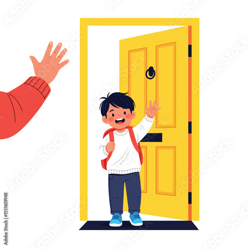 Farewell at the Threshold: A young student, backpack slung over their shoulder, waves goodbye from the open doorway, ready for their day, while another hand waves back, filled with the warmth of love.