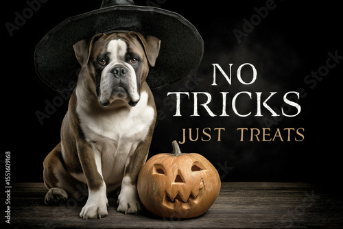 English bulldog wearing black witch hat sitting beside glowing jack o lantern pumpkin, Halloween pet costume, no tricks just treats text dark background.