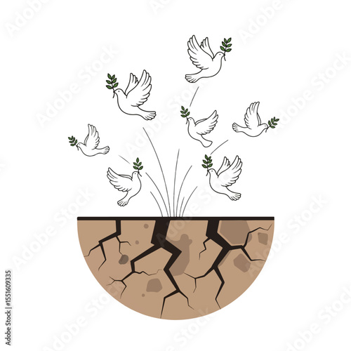Spreading Hope: Soaring white doves carrying olive branches emerge from cracked earth, a visual metaphor of hope and renewal, signifying peace, and the resilience of the human spirit.