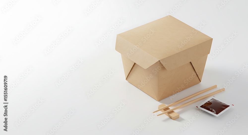 Fototapeta premium Takeout food packaging with chopsticks and soy sauce against a white background
