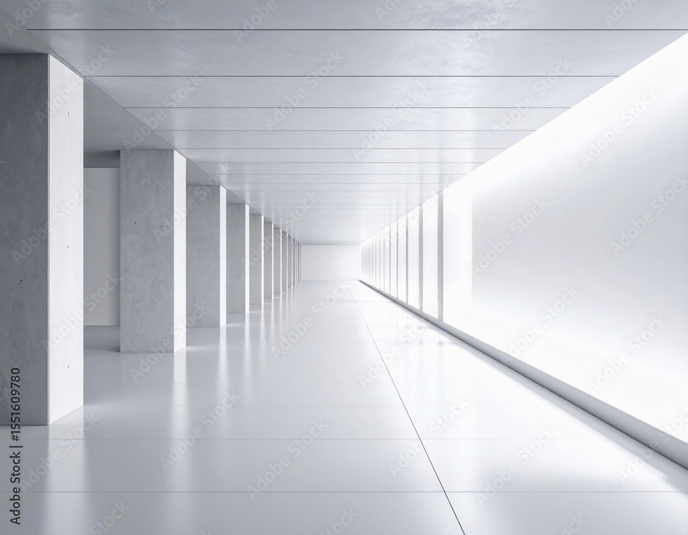 Obraz premium Modern architecture interior of an empty 3D rendered office corridor with white columns, light, and a minimalist design