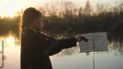 Little girl playing the violin, peeping at the notes against the background of the sunset river