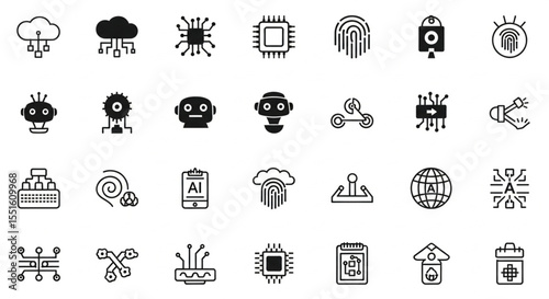 A collection of diverse technology icons depicting artificial intelligence, data processing, and security systems.