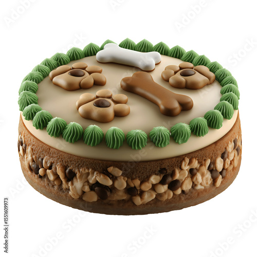 Dog birthday cake, green frosting, bones, paw prints,  nuts, pet celebration treat, canine party dessert isolated on transparent background. 
