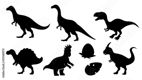 Vector illustration of dinosaur silhouette including Stegosaurus, Brontosaurus, Velociraptor, Triceratops, Tyrannosaurus rex