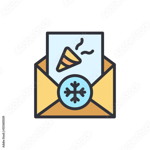 Festive Holiday Invitation With Confetti Icon On Open Envelope Card
