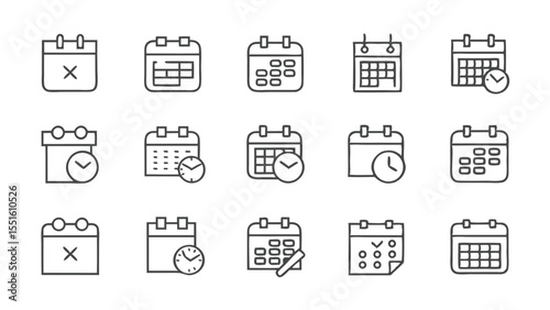 Collection of fifteen calendar icons with varying designs for scheduling and time management purposes