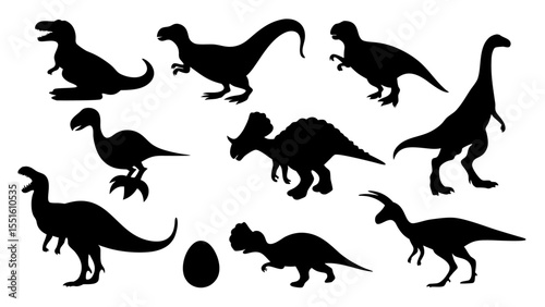 Vector illustration of dinosaur silhouette including Stegosaurus, Brontosaurus, Velociraptor, Triceratops, Tyrannosaurus rex