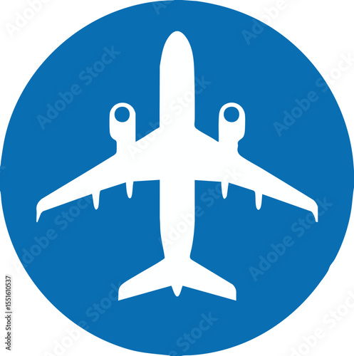 White airplane icon vector on blue circle background