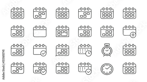 Collection of calendar icons and clock icons in various designs and arrangements on a white background