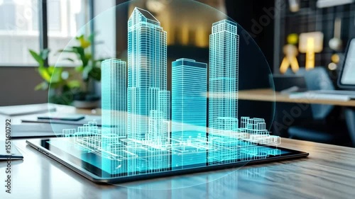 Digital rendering of futuristic city buildings in glowing blue wireframe projected from tablet, symbolizing smart city development and architectural innovation