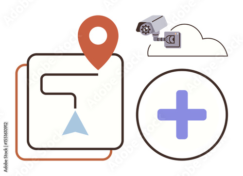 Navigation map path with location pin, cloud-secured CCTV camera, and plus sign for health and safety. Ideal for navigation, security, healthcare, technology, cloud storage, remote services smart