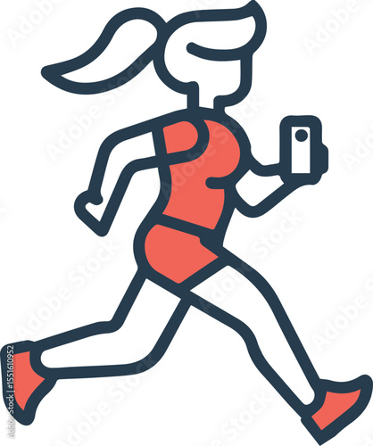 Woman jogging holding mobile phone icon vector illustration