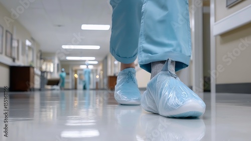Medical staff walking in a hospital corridor wearing protective shoe covers