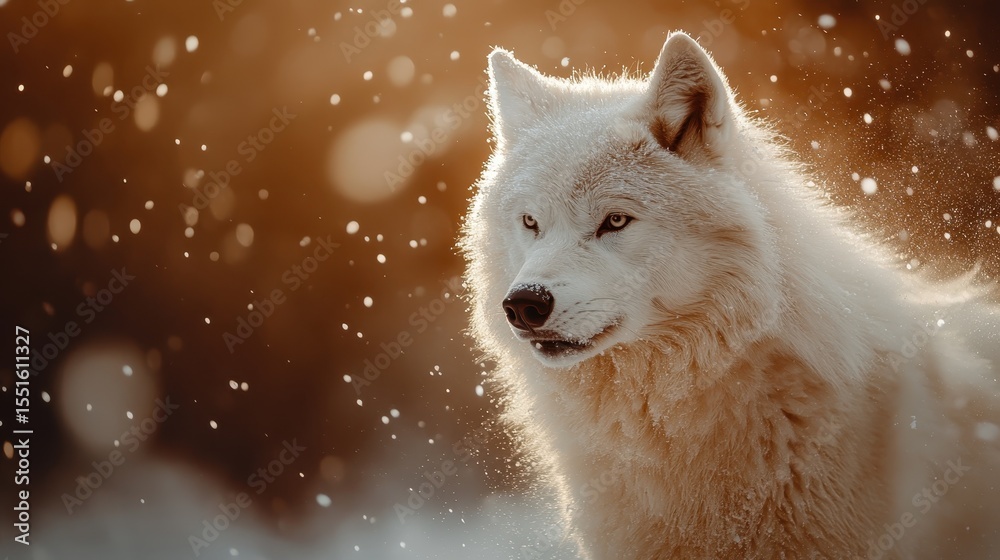 Obraz premium An arctic wolf stands majestically in a snowy landscape, with snowflakes gently falling around it, capturing the essence of wildlife and nature's beauty in a serene moment.