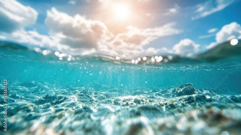 Obraz premium An inviting underwater view of an ocean setting, showcasing shimmering water and sunlight filtering through, evoking feelings of peace, relaxation, and freedom by the sea.
