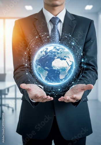 businessman holding globe, Businessman hold global business globe with network connected to digital marketing strategy and creative solution. Business development technology to support creativity idea
